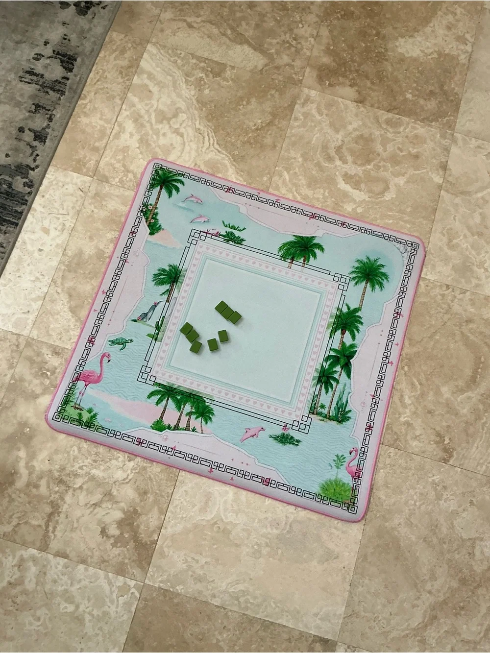 Tropical Flamingo Mahjong Mat Pink Green Palm Tree Game Mat